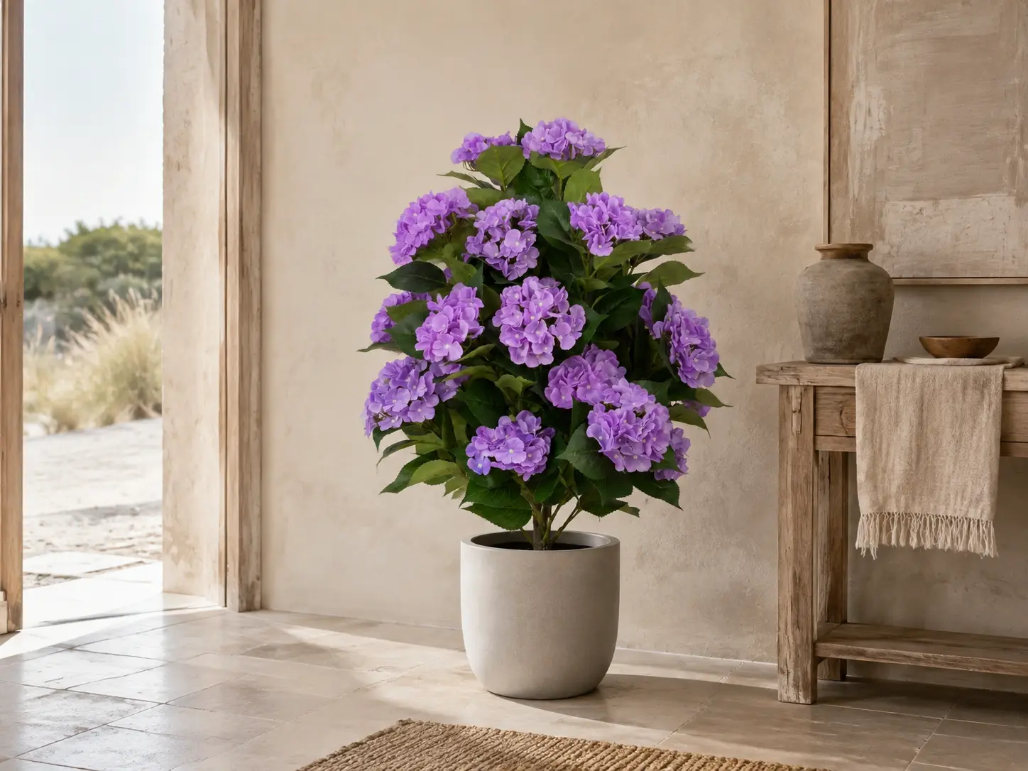 Hortensia décoratif dans une entrée lumineuse